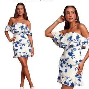 Lulu's Blue & White Floral Off-Shoulder Dress